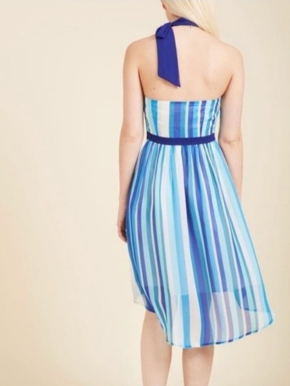 Modcloth Lined Halter Backless Striped Midi Dress-Monochromatic Blue/White-L - Picture 10 of 11